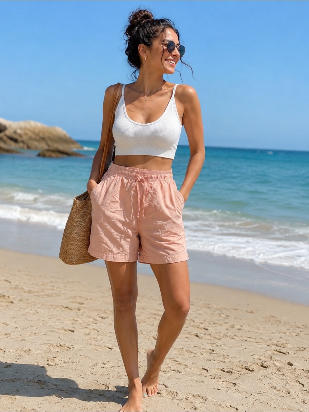 American Eagle 🦅 Women's Pink Drawstring Linen-Blend Shorts